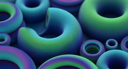 Wall Mural - abstract 3d render of colorful torus shapes with ribbed texture
