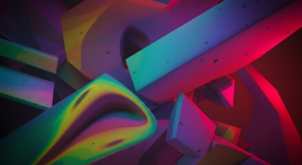 Wall Mural - abstract 3d render with iridescent and geometric shapes illuminated by vibrant neon lights