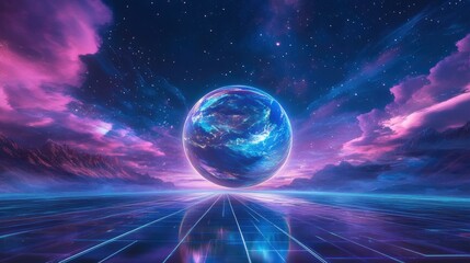Wall Mural - glowing planet over futuristic landscape at night