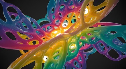 Wall Mural - abstract colorful glossy interwoven tubes with holes against a dark background