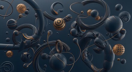 Wall Mural - abstract dark blue and gold geometric shapes and spheres