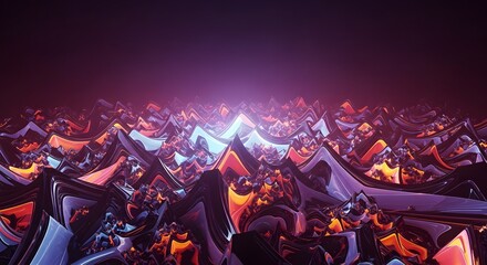 Wall Mural - abstract fractal landscape of glowing purple orange and blue peaks under a dark sky