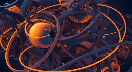 Wall Mural - abstract metallic sphere and tubes in orange and blue