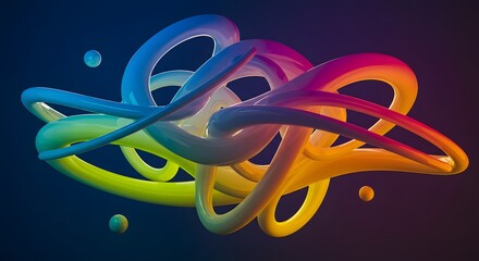 Wall Mural - abstract rainbow tubes with floating spheres on dark background