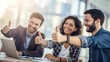 © N7 - Abstract background of happy colleagues giving thumbs up during collaborative meeting
