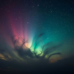 Wall Mural - The image depicts a vibrant rainbow cloudscape amidst a starry night sky.