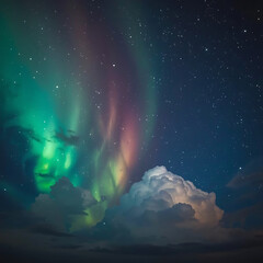 Wall Mural - The image depicts a vibrant rainbow cloudscape amidst a starry night sky.