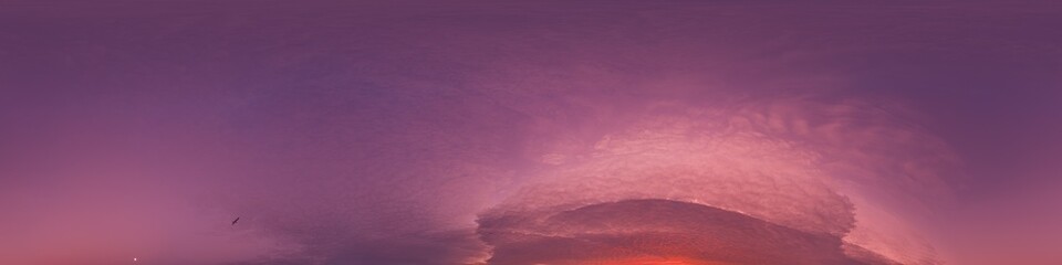 Wall Mural - 360 panorama of glowing sunset sky with bright pink Cumulus clouds. HDR 360 seamless spherical panorama. Full zenith or sky dome sky replacement for aerial drone panoramas. Climate and weather change.