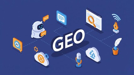 Wall Mural - digital marketing and seo isometric illustration on dark blue