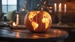 © Abu Hishan - Global Pumpkin: Illuminated World Map Carving for Autumn Halloween Concept