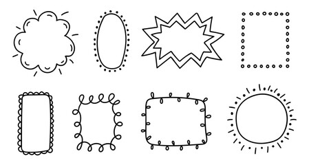 Set of black linear hand drawn frames isolated on a white background. Modern abstract decor. Vector illustration.