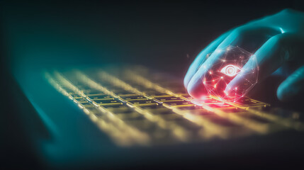 Wall Mural - cybernetic hand on keyboard: a close-up shot reveals a hand interacting with a glowing keyboard, the