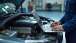 © Pete - Automotive technician inspects car engine using laptop. Mechanic performs diagnostic check, seeking repair solution. Professional service in workshop with organized system and advanced technology.