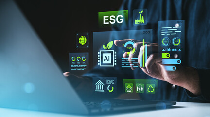 sustainable technology and esg data interface concept with futuristic digital graphics and environme