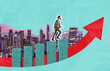 © ImageFlow - Businessman climbing bar chart with growth arrow over city skyli