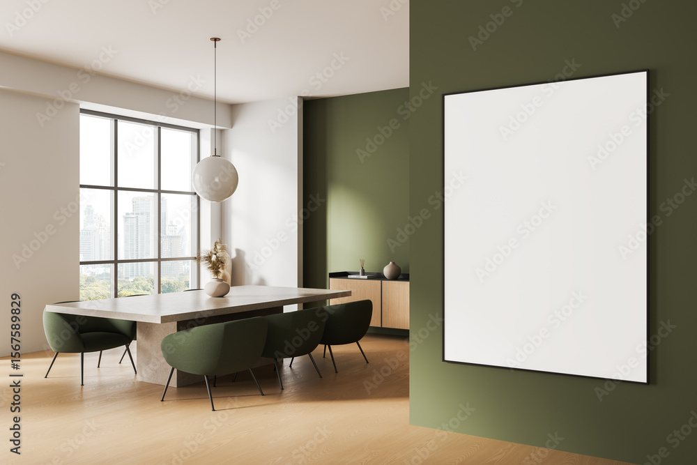 Modern dining room interior with large blank poster on green wall and ...