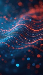 Abstract digital wave of blue, orange lights, flowing like data stream with falling binary code. Futuristic cyberspace network information technology, concept for big data visualization, digital