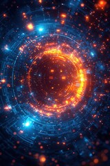 Wall Mural - abstract glowing circular network design with blue and orange light particles