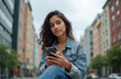 © Pete - Young Latina woman holds mobile phone, looking at camera on city street. Casual denim outfit, urban backdrop. She communicates via text or call. Happy, youthful lifestyle with technology.