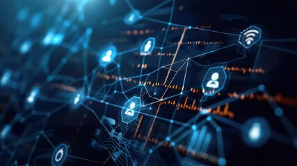 Abstract digital network with interconnected lines and glowing icons representing data transfer in a dark blue environment. Futuristic concept of communication and technology.