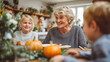 © dinatychynska - Family gathering around the table during Thanksgiving with autumn vibes. A grandmother, mother, and child enjoying their time together. Perfect for holiday and family-themed content.