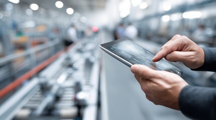 Wall Mural - digital industry interface on tablet held by professional, automation line blurred in background, mo