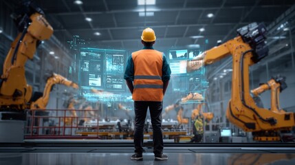 Wall Mural - engineer in industrial control room managing digital twin of robotic assembly process, interface glo