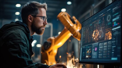 Wall Mural - factory control manager monitoring real-time robot arm precision during digital manufacturing proces