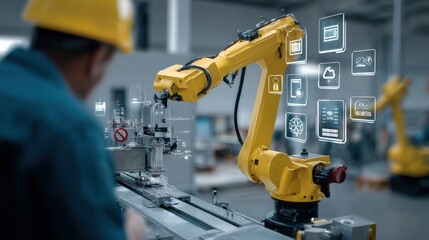 Wall Mural - factory manager overseeing automated robotic arm in operation, using cloud-based monitoring system w
