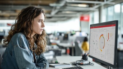 Wall Mural - side view of tech-savvy business analyst evaluating dashboard data in a modern workspace, space on r
