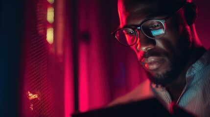 Wall Mural - stylish portrait of it specialist wearing glasses, interacting with data on tablet, server rack glow