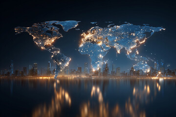 Wall Mural - a city skyline is reflected in the water, with a glowing globe in the background