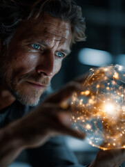 Wall Mural - man examining holographic sphere: a focused man with intense blue eyes meticulously examines a glowi