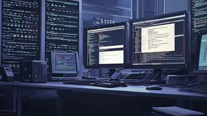 a modern workspace filled with multiple computer monitors displaying code and data analytics in a te