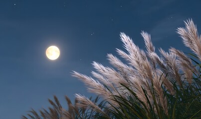 Wall Mural - a full moon glowing brightly in the night sky, gently illuminating tall pampas grass (susuki) swayin