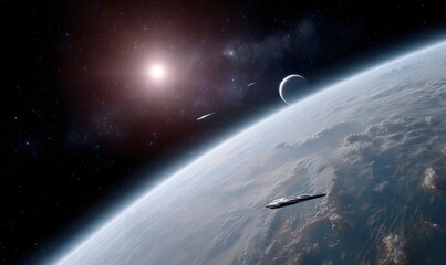 Wall Mural - a space-based image of an enigmatic solar system with strange planets and futuristic ships gliding t