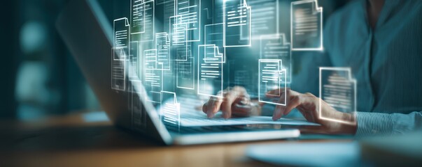 person typing on a laptop with floating digital file icons symbolizing data management and informati