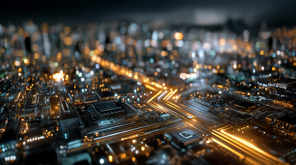 Wall Mural - futuristic digital cityscape: a captivating macro shot of a digital cityscape, highlighting the comp