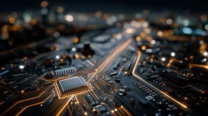 Wall Mural - electronic circuit board with glowing pathways: a highly detailed macro shot of an electronic circui