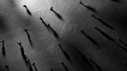 Wall Mural - businessmen walking across a dark grey surface, casting long shadows that create a mysterious and in
