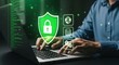 © Sameer - Data protection secured with user working on a laptop and visualizing a secure network with a shield for privacy and safety online.
