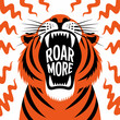 © Ultimate - Stylized illustration of a roaring tiger with the words roar more prominently displayed inside its open mouth against a white background with orange wavy lines