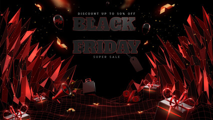 Wall Mural - Black Friday sale banner background with 3D ornaments, gift boxes, balloons, megaphones, paper bags on red neon wireframe polygon, vector illustration.