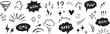 © Sikon - Comic boom cartoon effect line element set. Comic speech bubble pow, boom text, explosive splash smoke, wow cartoon vector icon. Hand drawn sketch doodle explosive element. Vector illustration