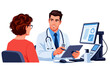 © angellodeco - Illustration of a doctor using a tablet in a medical consultation with a female patient. Modern Diagnostics with Clinical Technology. Digital Medical Consultation Scene with a Female Patient for a Med