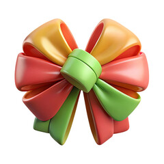 A vibrant and glossy three dimensional bow with red green and yellow loops tied with a green knot isolated on transparent background