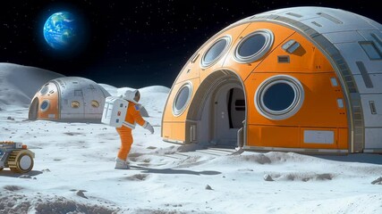 Wall Mural - astronaut in orange spacesuit walking near modular habitat structures on lunar surface with earth vi