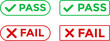 © Sultana Design - pass fail icon set. Includes tick symbols in green and cross symbols. Green check mark and red cross icons. positive and negative sticker design