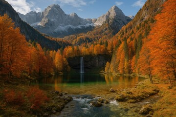 Wall Mural - fall season in a mountain valley featuring lakes and streams amidst alpine peaks