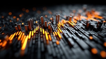 Wall Mural - abstract digital landscape with glowing orange and metallic structures